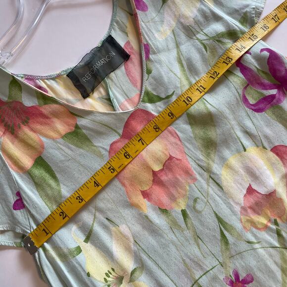 Reformation Tulip Print Silk Dress Womens Small/XS Mint Green Floral Pockets - Picture 7 of 10